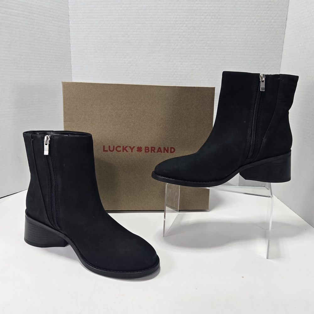 Lucky Brand Women's Caddier Black Block Heel Ankle Booties Boots Size 7.5 7 1/2